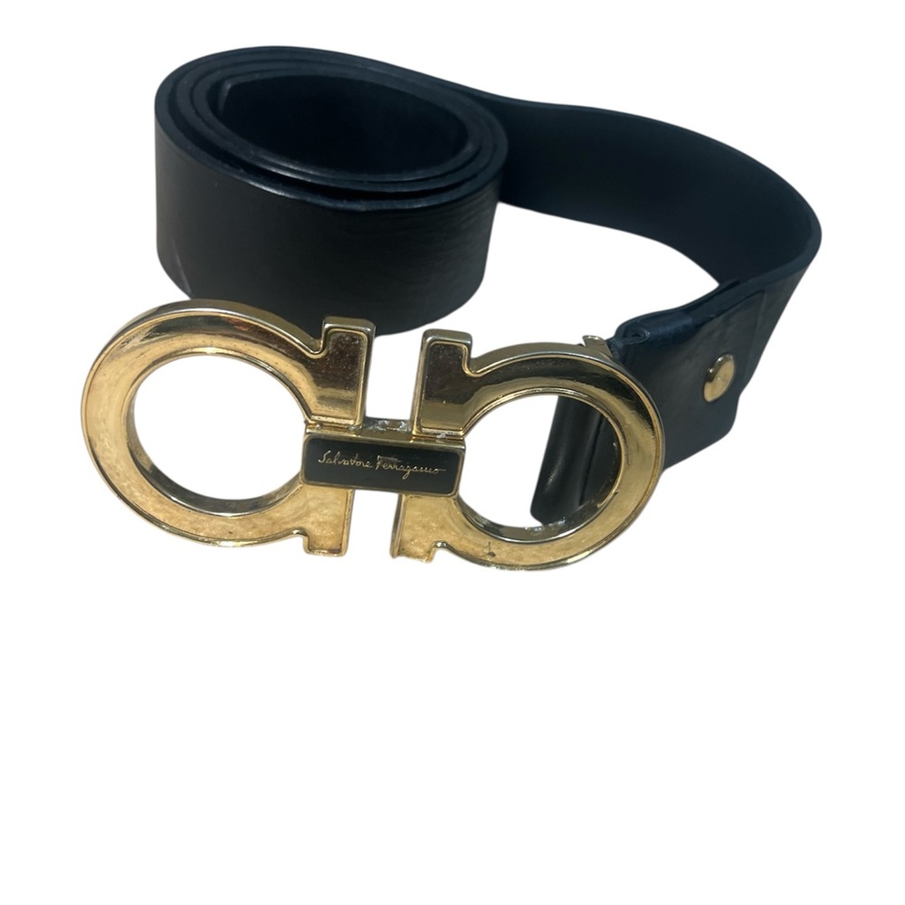 Salvatore Ferragamo Black Leather Belt with Gold Gancini Buckle